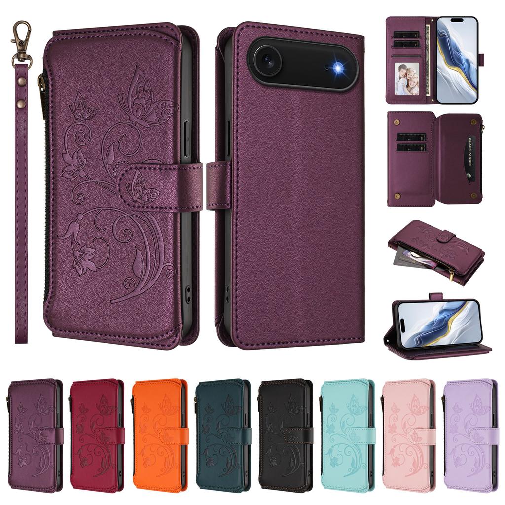 For iPhone 17 Air Leather Case Butterfly Floral Imprint Zipper Wallet Stand Cover with Wrist Strap