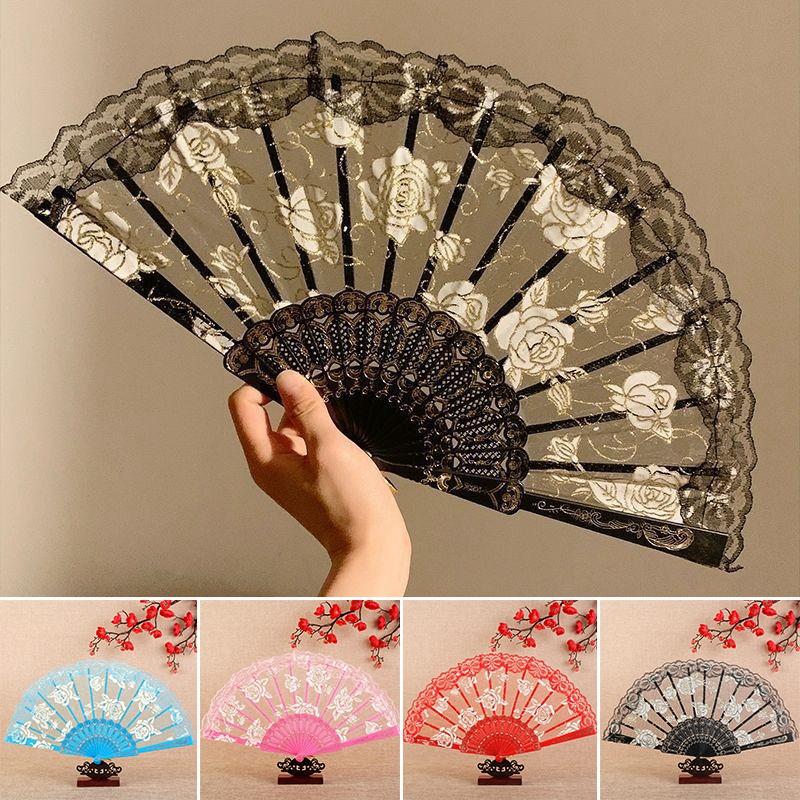 Folding Fan Lace Flower Decor Chinese Style Fan Hand Held Anitque Art Craft Japnese Summer Female Dance Home Party Decoration