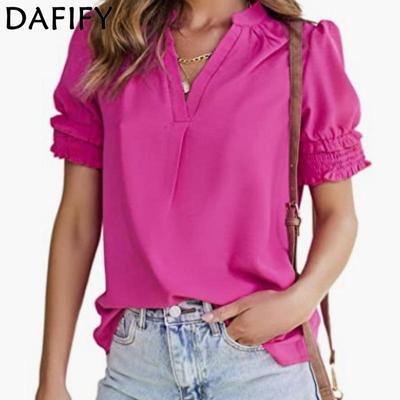 Women's Fashion Summer Spring Casual Solid Color Print Short Sleeve V Neck Blouses & Shirts