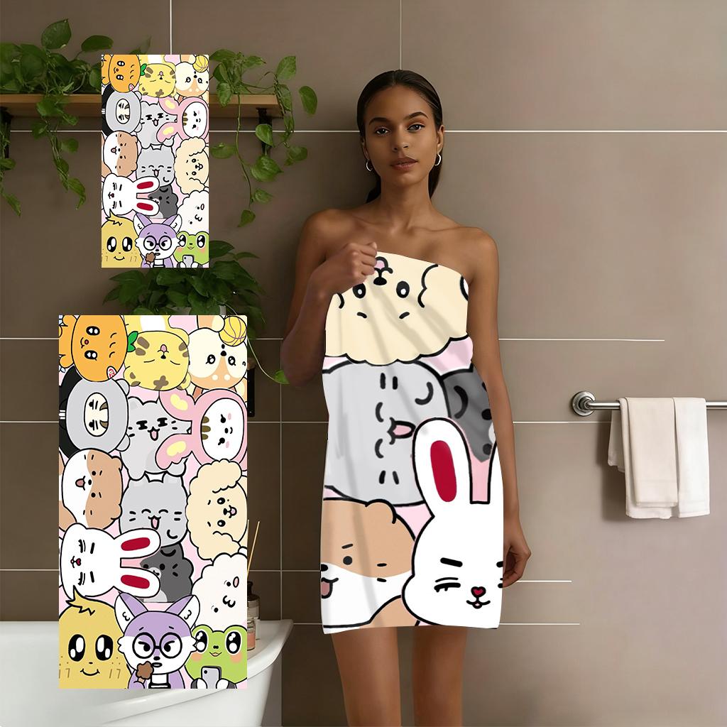 Kawaii kpop Animal Squad Beach Towel, Cute Cartoon Doodle Cats & Bunnies Quick-Dry Towel