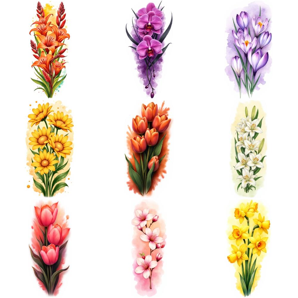 9pcs Temporary Tattoo Waterproof Long-lasting Body Stickers Sunflowers Peonies Orchids For Back Adult Male