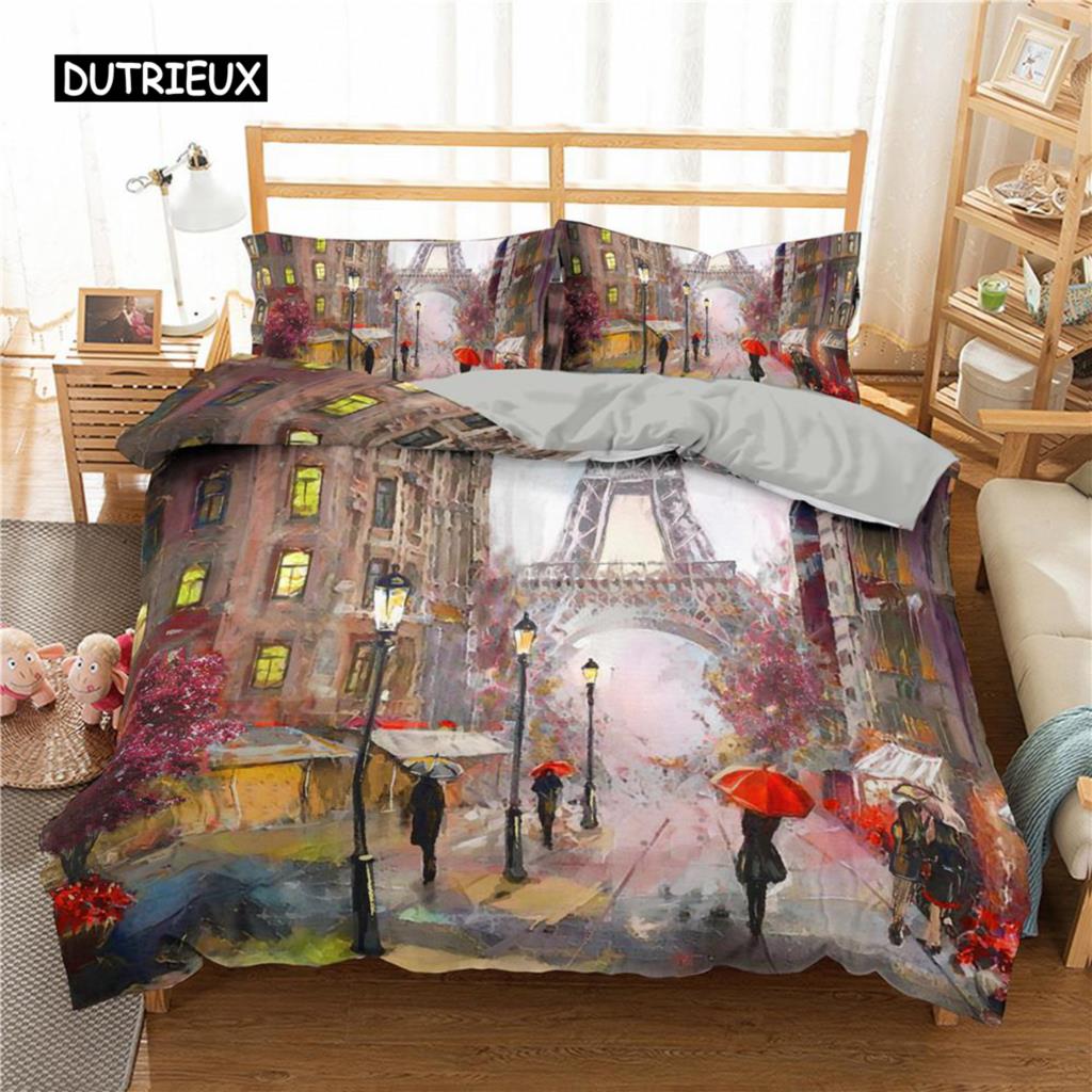 Paris Duvet Cover Set Microfiber Paris Tower Oil Painting Bedding Set Car City Landscape Pattern Quilt Cover Queen King Size