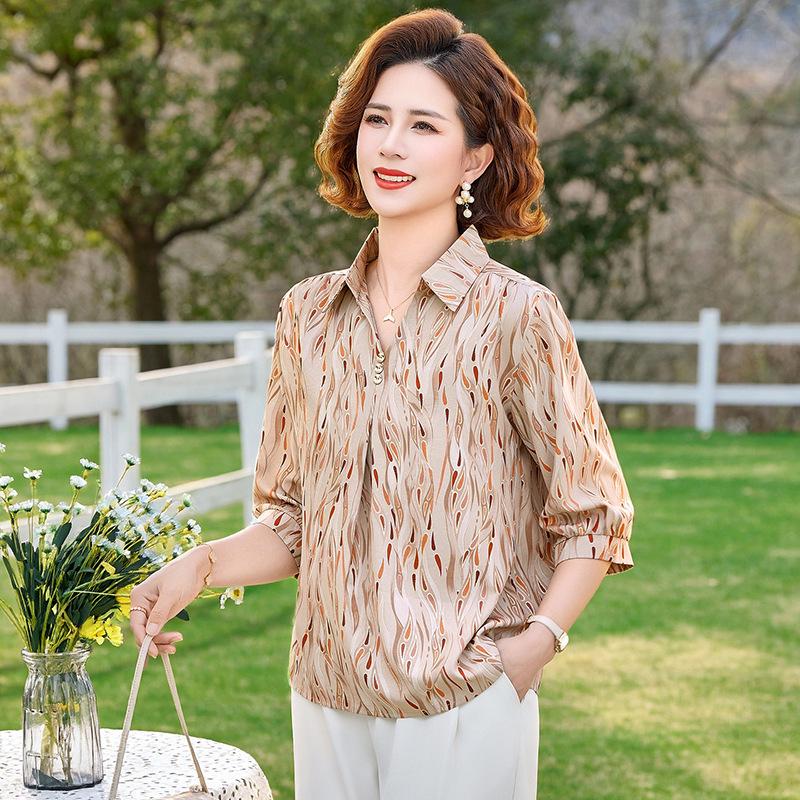 

2026 Spring/Summer New Arrivals: Mother s Mid-Sleeve Chiffon Blouse - Suitable for Middle-Aged and Elderly Women. 3XL [For 115-130 jin] хаки