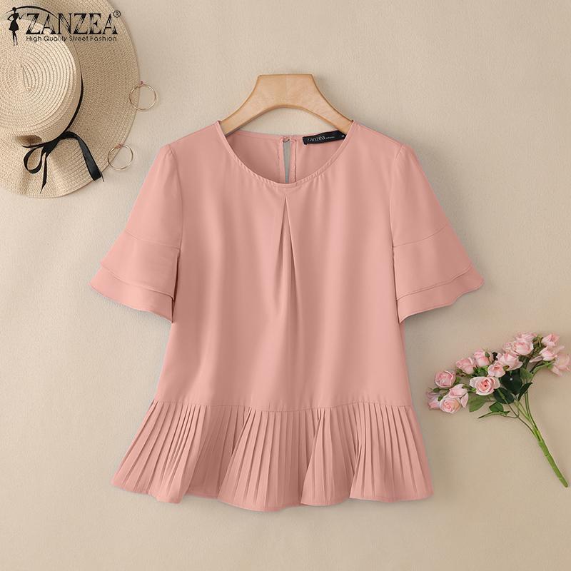 ZANZEA Women Casual Round Neck Solid Color Short Sleeve Blouse