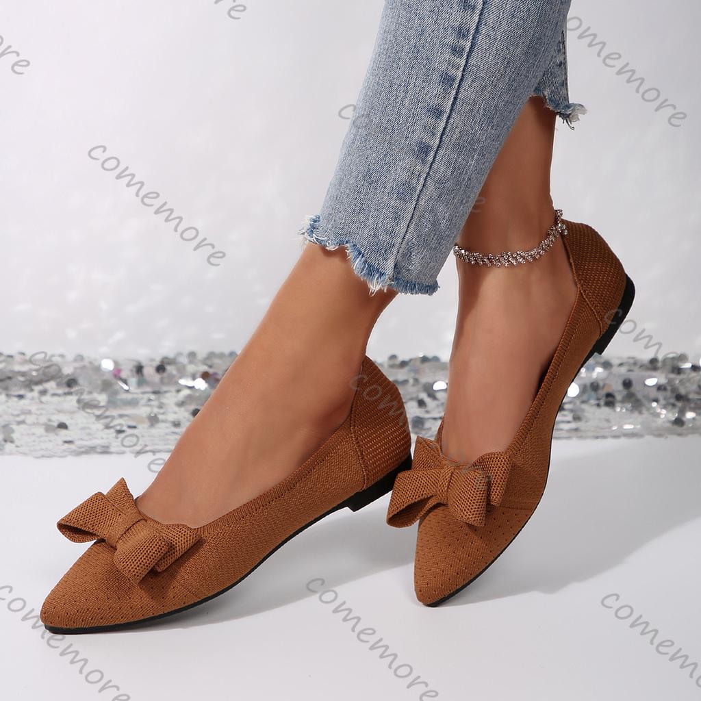 Fashion Comemore Bowknot Elastic Knit Flat Shoes for Women Slip on Casual Woman Spring Summer Flats Comfort Soft Sole Solid Loafers
