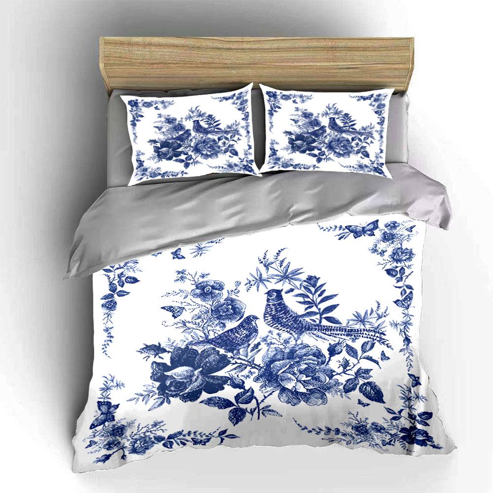 Blue Floral Birds Pattern Bedding Duvet Cover Set Duvet Cover Pillowcases (1*Duvet Cover 2*Pillowcases, Without Duvet Insert)
