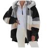 Womens Fashion Splicing Winter Loose Plush Long Sleeve Zipper Pocket Hooded Coat