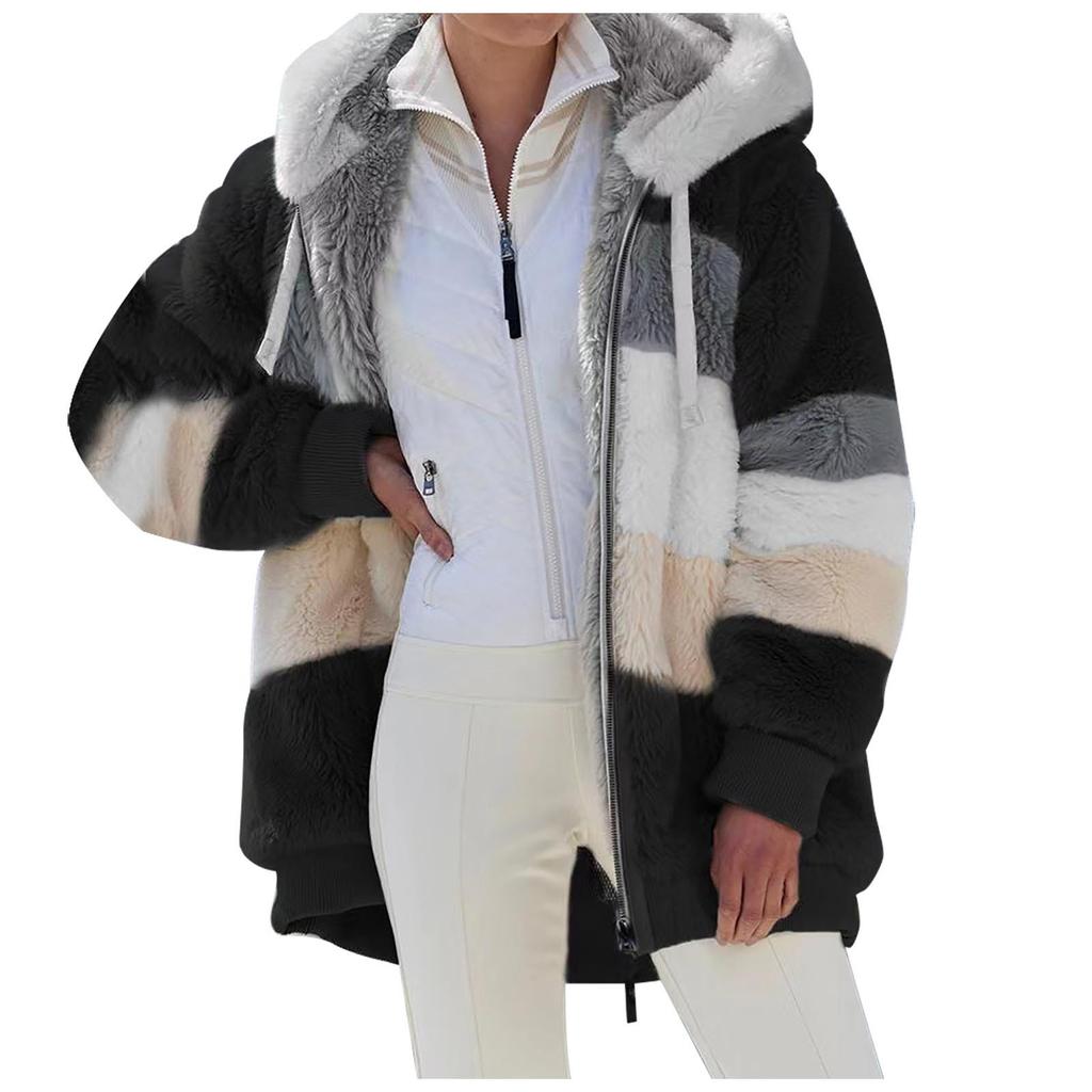 Womens Fashion Splicing Winter Loose Plush Long Sleeve Zipper Pocket Hooded Coat