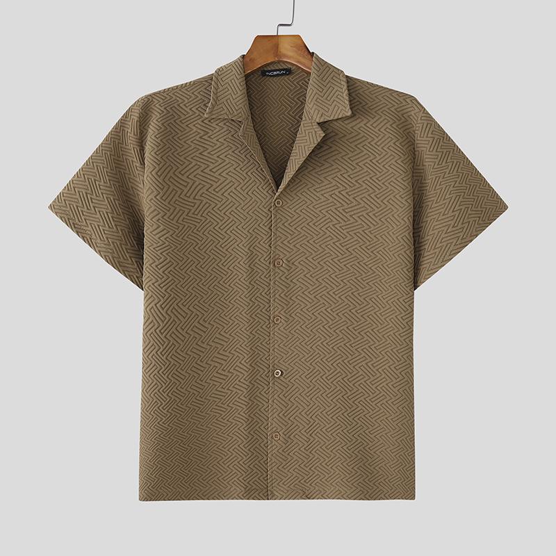 INCERUN S-5XL Men Lapel Short Sleeve Texture Buttons Casual Loose Shirts