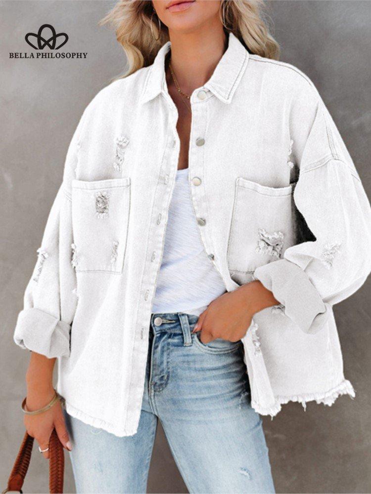 

Женская джинсовая куртка с рваным отложным воротником, топы с длинными рукавами и карманами, однобортное пальто с кисточками, свободная верхняя одежда XL белый