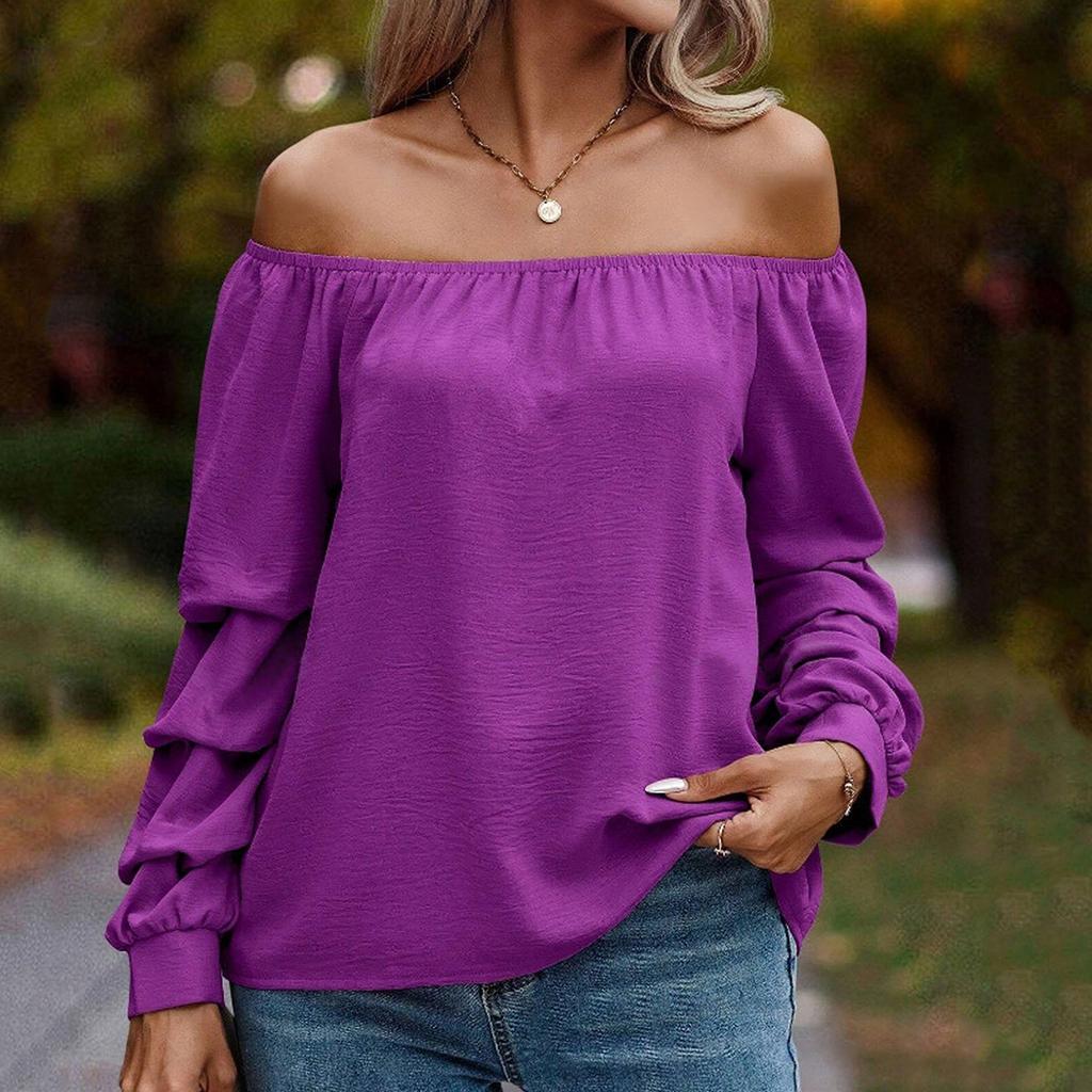 Damska modna, jednokolorowa, swobodna koszula z odkrytymi ramionami i długimi rękawami