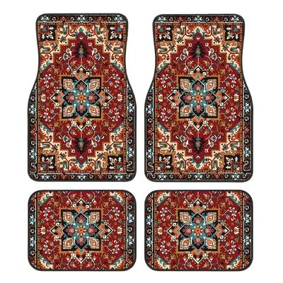 4pcs Bohemian Red Floral Pattern Car Floor Mats, Non-Slip Vehicle Carpet, Waterproof and Easy To Clean ,Interior Gift