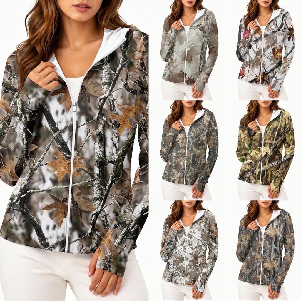 Women's Lightweight Long Sleeve Zip Up Hoodie with Pockets and Printed Design Sun Protection Jacket for Outdoor Activities