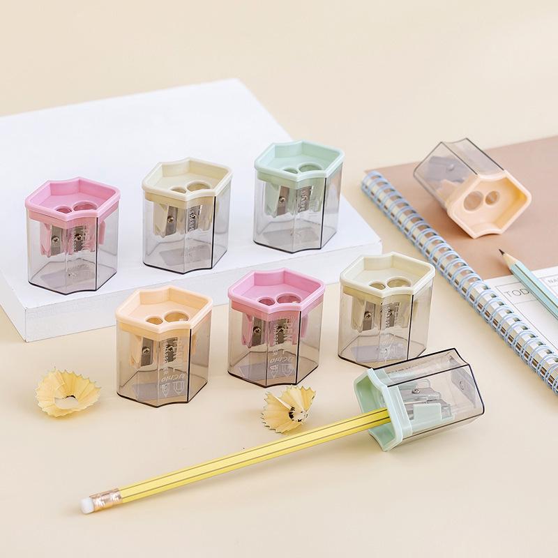 Transparent Geometric Double-Hole Macaron Pencil Sharpener: Portable, Durable, and Rotary for Students.