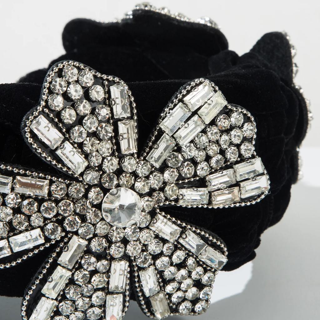 Flannel Woven Three Flowers Inlaid with Rhinestones Super Flash Headband Banquet Elegance Enlarged Widened Hair Accessories