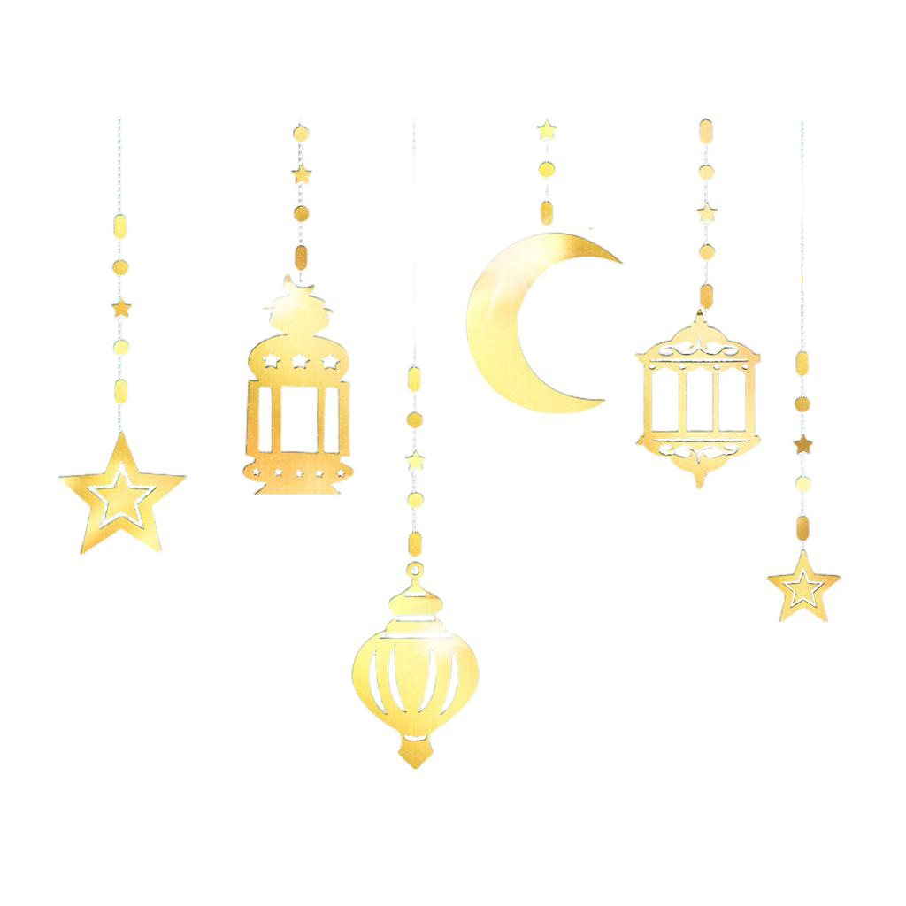 6Pcs Eid Mubarak Islamic Muslims Party Supplies Glittering Banners Star Moon Hanging Ornaments Ramadans Festival Decors