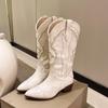 European and American Cowboy-Style White Embroidered Knight Boots - Pointed Toe, Mid-Calf
