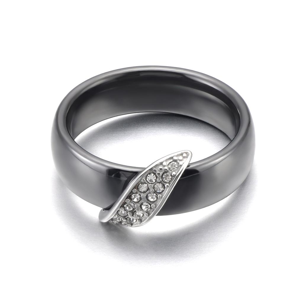 JeeMango High Quality Black White Ceramic Ring For Women Stainless Steel Crystal Wedding Ring Finger Jewelry R25060