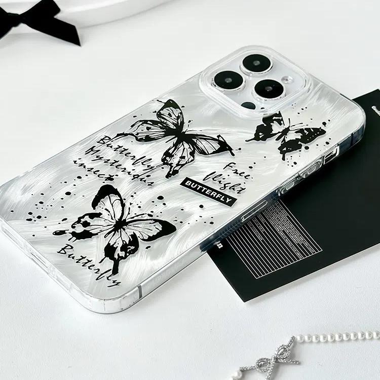 Large Hole Transparent Phone Case Compatible and Suitable for iPhone15 14 13 12 11promax xsmax xr 7 8plusSE Elegant Black Butterfly