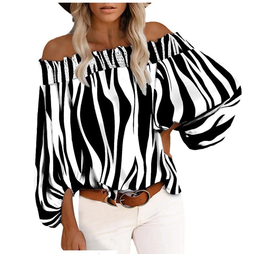 Women's Casual Striped Print Sexy One-Shoulder Long-sleeved Chiffon Shirt