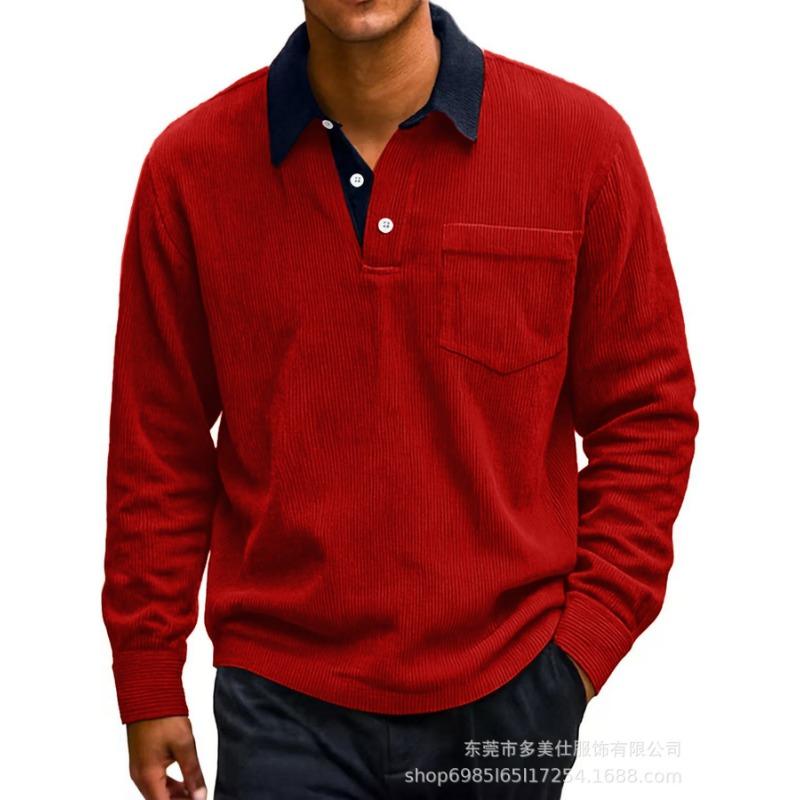 Autumn and Winter New Men's Retro Corduroy Button Pocket Color Blocked Casual Turn Down Collar Long Sleeved Polo Shirt for Men