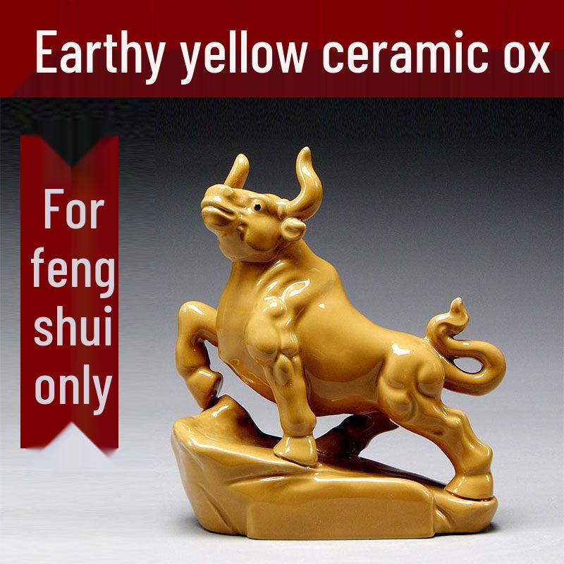 Earthy Yellow Ceramic Zodiac Ox Figurine: Soaring Spirit Auspicious Mascot for Home Relaxation