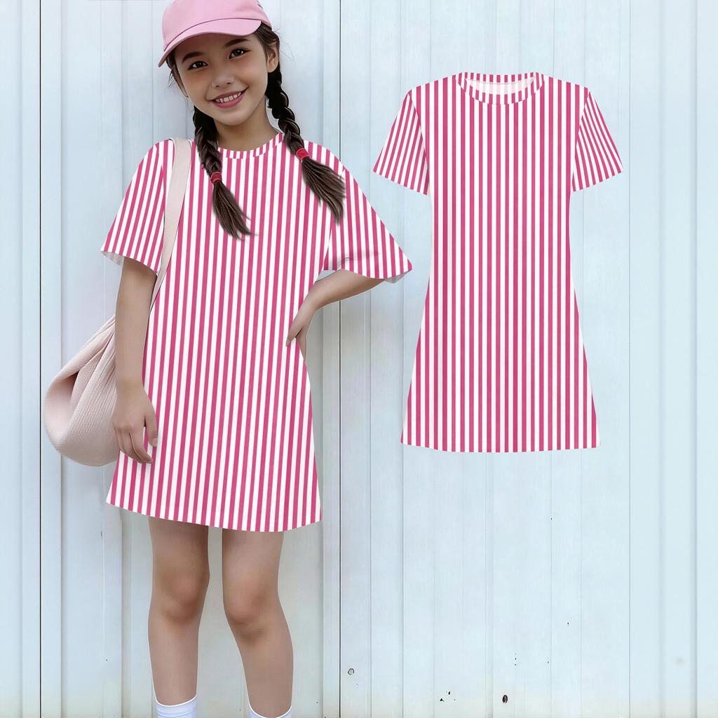 Girls Loose Fit Short Sleeve Dress Lightweight Casual Round Neck Striped Printed Dress for Kids Comfortable Summer Wear