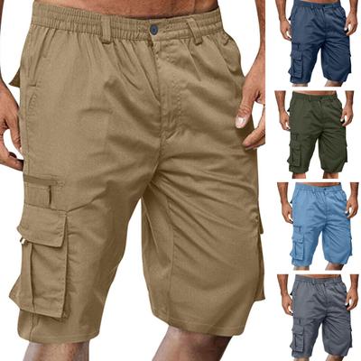 Men Shorts Elastic Waistband Mid-rise Solid Color Shorts with Multi Pockets Wide Leg Summer Beach Shorts