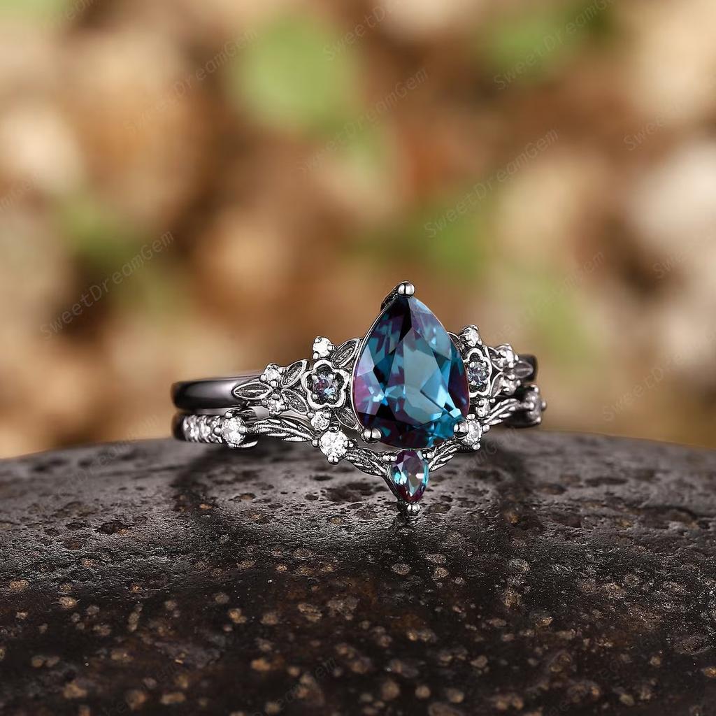 Alexandrite Black Leaf Engagement Set Blue Zircon Couple Ring High-end Ring
