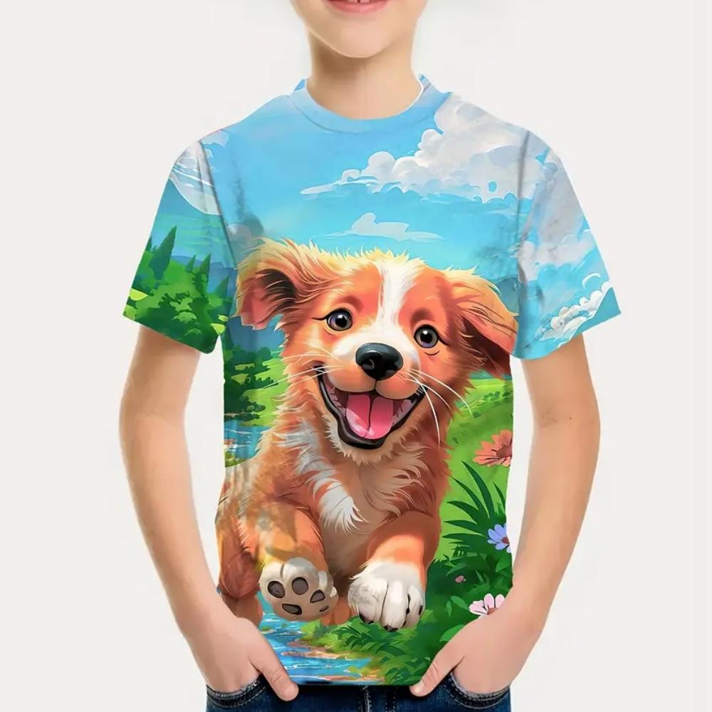 Kids Clothes Cheerful Puppy 3D Print Graphic T Shirts Summer Outdoor Play Crew Neck Short Sleeves Children's Boy's Clothing