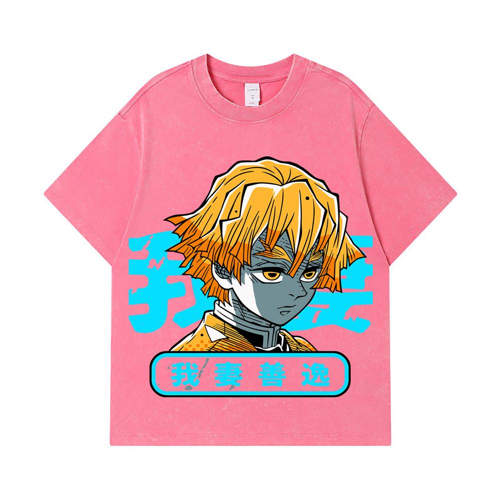 275 GSM Washed T-shirts 100% Cotton Demon Slayer V100 Zenitsu Print Unisex Heavy Cotton T Shirt
