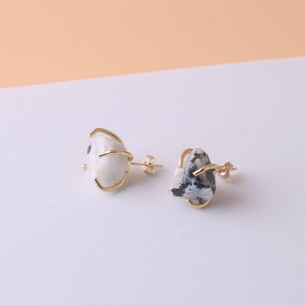 Natural Gemstone Earrings for Women - 18K Gold Plated Raw Amethyst and Rose Quartz Healing Crystal Stud Earrings