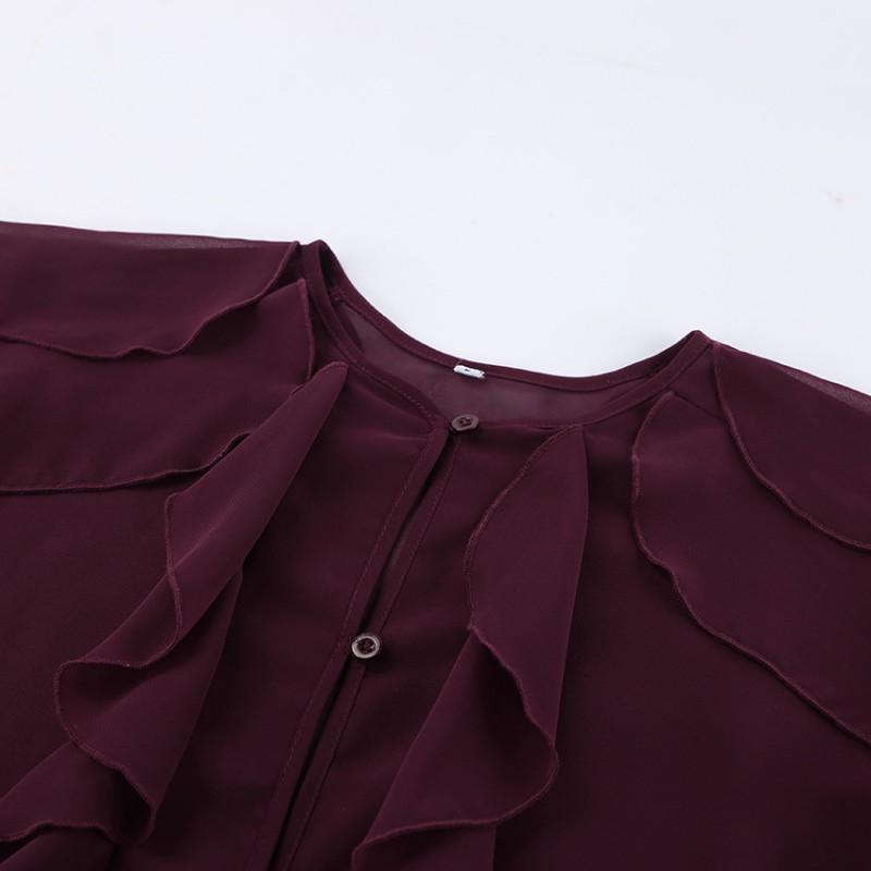 Womens Vintage French Style Ruffle Chiffon Blouse 2025 Elegant Wine Red Round Neck Top