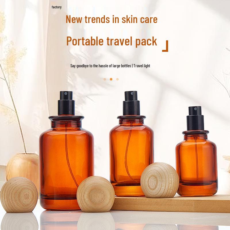 Bayonet Brown Light-Proof Glass Decant Bottle with Wood Lid - Portable Fine Mist Tea-Colored Perfume Sample Bottle
