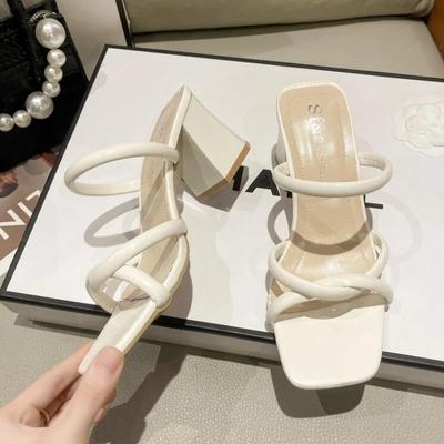 Moda 2024 Nowe Projektanckie Letnie Czółenka Kapcie Sandały Buty Kobiety Wysokie Obcasy Kwadratowy Nosek Sandał Damskie Buty Obcasy Kobiety Klapki buty