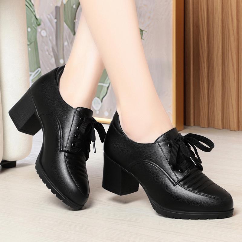 Spring Comfort Soft Leather Shoes Women'S Platform Pumps Lace Up Block Med Heels Shoes Oxfords For Office Mom Work