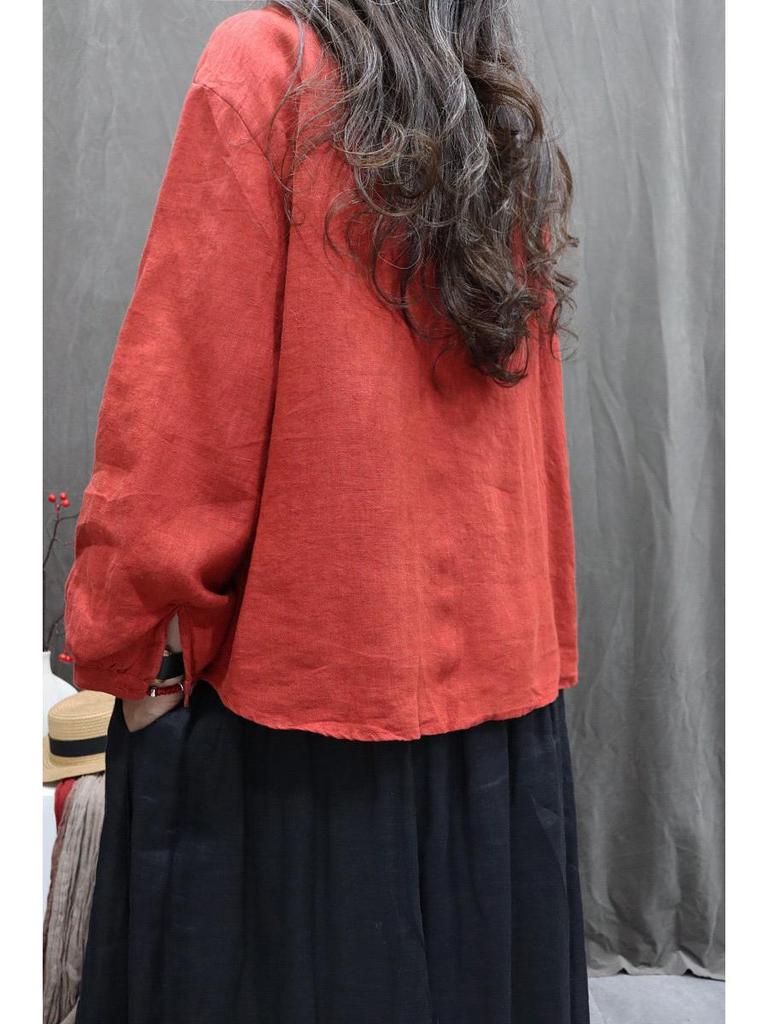Spring 2025 Washed Cotton Linen Long Sleeve Casual Retro Loose Top