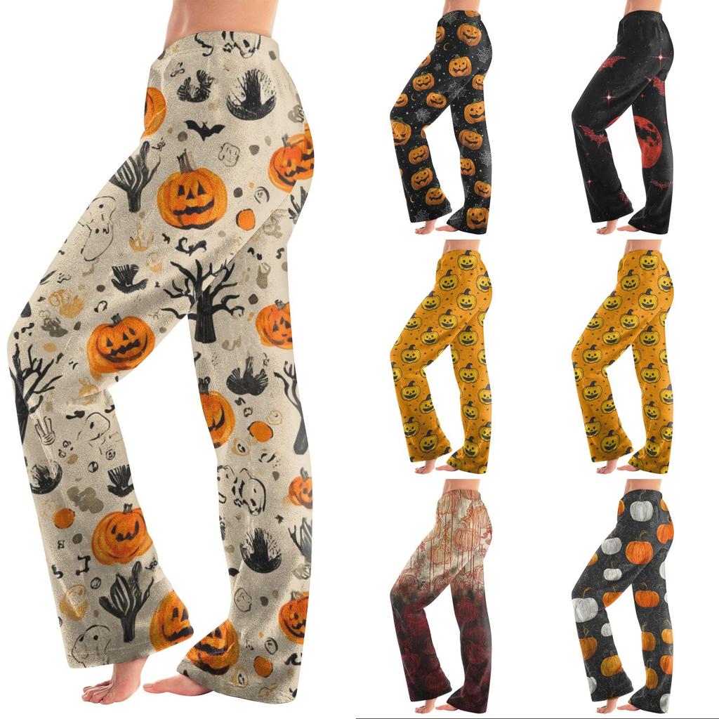 Women Halloween Print Plush Lounge Pants Soft Elastic Waistband Relaxed Fit Long Casual Trousers for Indoor Outdoor Wear