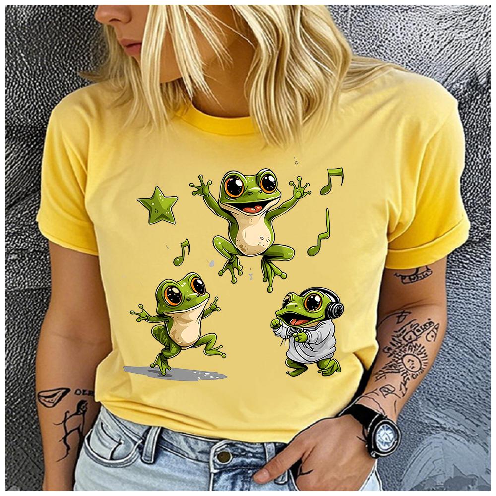 Unisex Polyester 100% Happy Jumping Big Eyes Frog Print T-Shirt Loose Round Neck Casual Short Sleeve Fashion Top for Summer