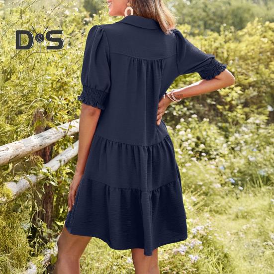 Women's Summer Swing Dress V Neck Short Sleeve Pleated Midi Dress with Lapel Collar Casual Beach Flowy A-Line Sundress