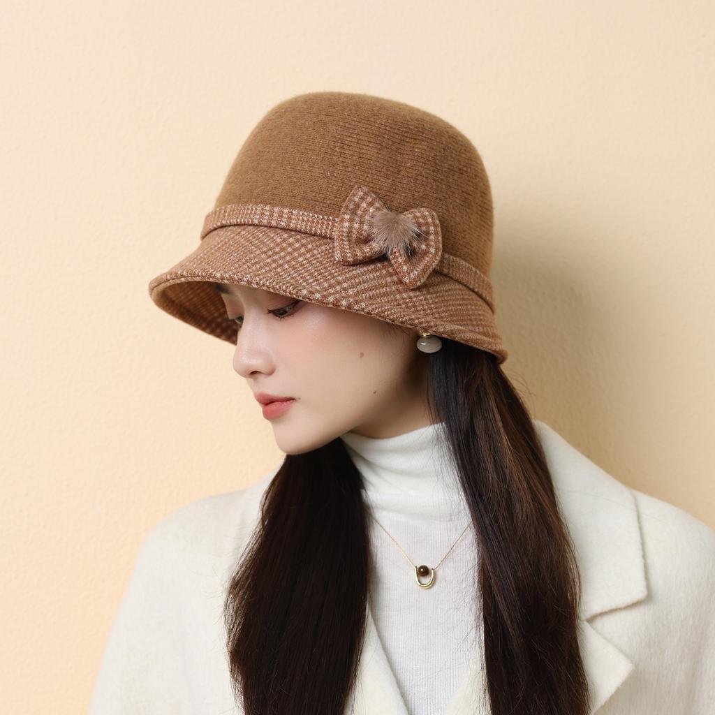 Autumn and Winter New Bow Bucket Hat Women's Woolen Basin Hat Mother Outdoor Warm Hat