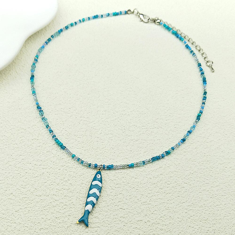 Colorful Fish Pendant Necklace For Women Girl Handmade Woven Beads Dopamine Color Sea Party Summer Fashion Chain Choker Jewelry