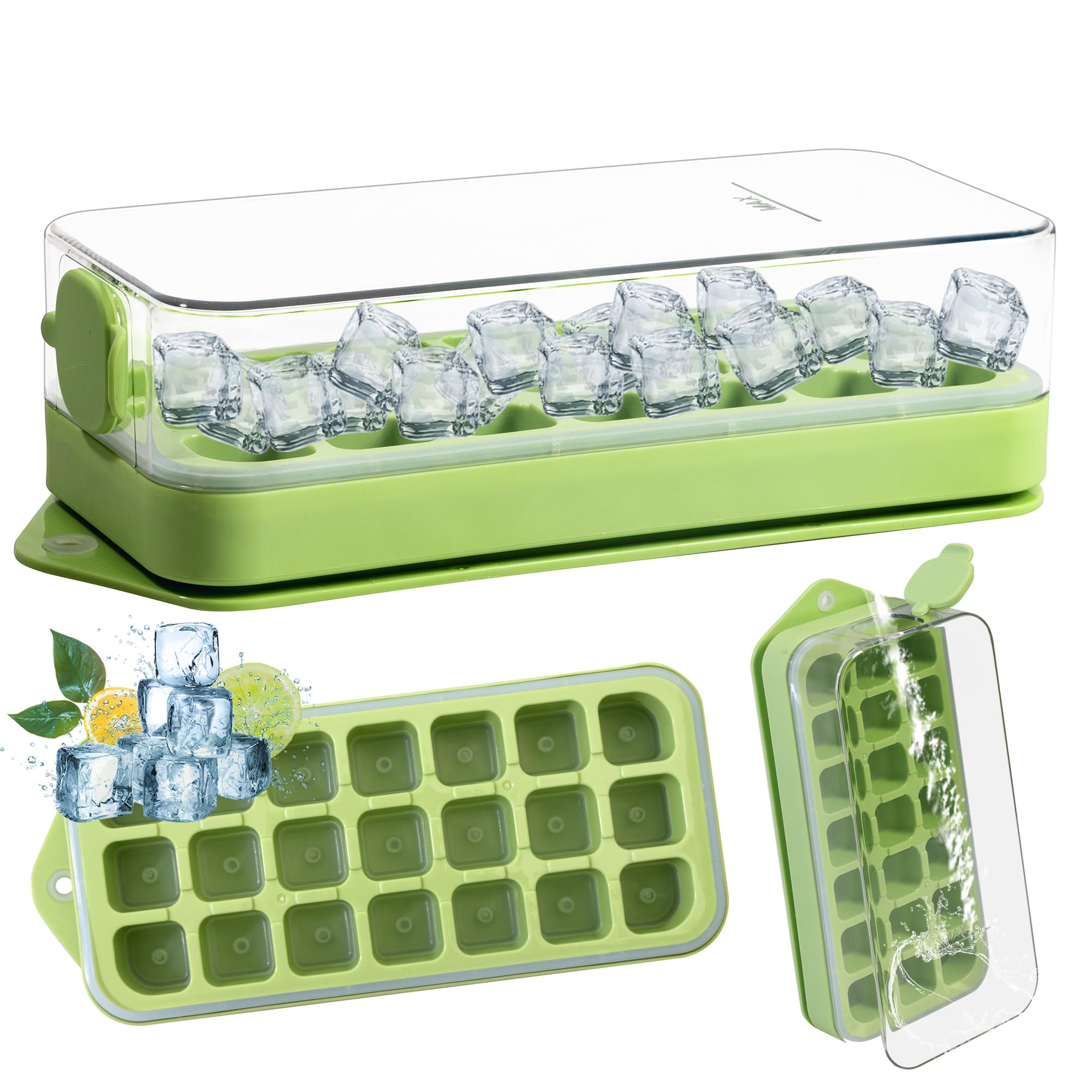 

Ice cube tray with lid and trash can, 21-piece ice cube mold for easy freezing, quick filling without touch зелёный