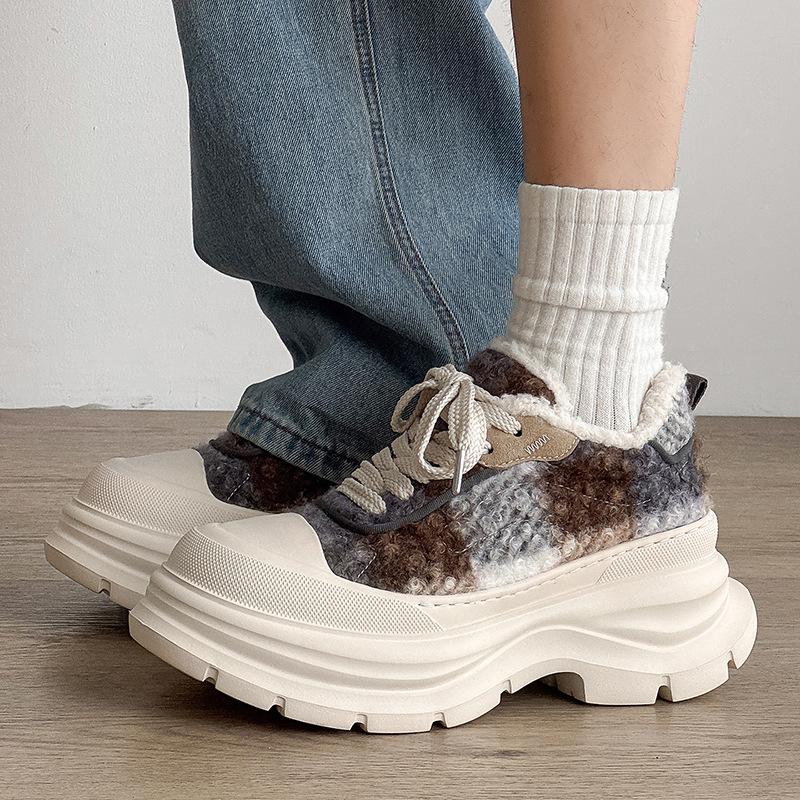 Leopard print board shoes platform heightening CM new lamb wool fleece lace-up casual sports shoes couple bread shoes