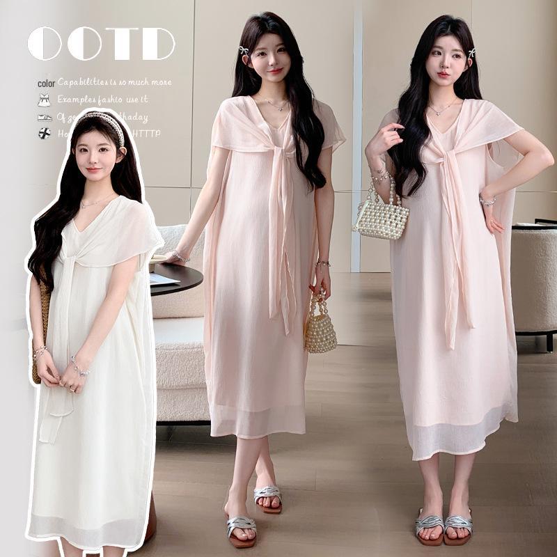 2026 Elegant French V-Neck Short-Sleeve Maternity Dress M