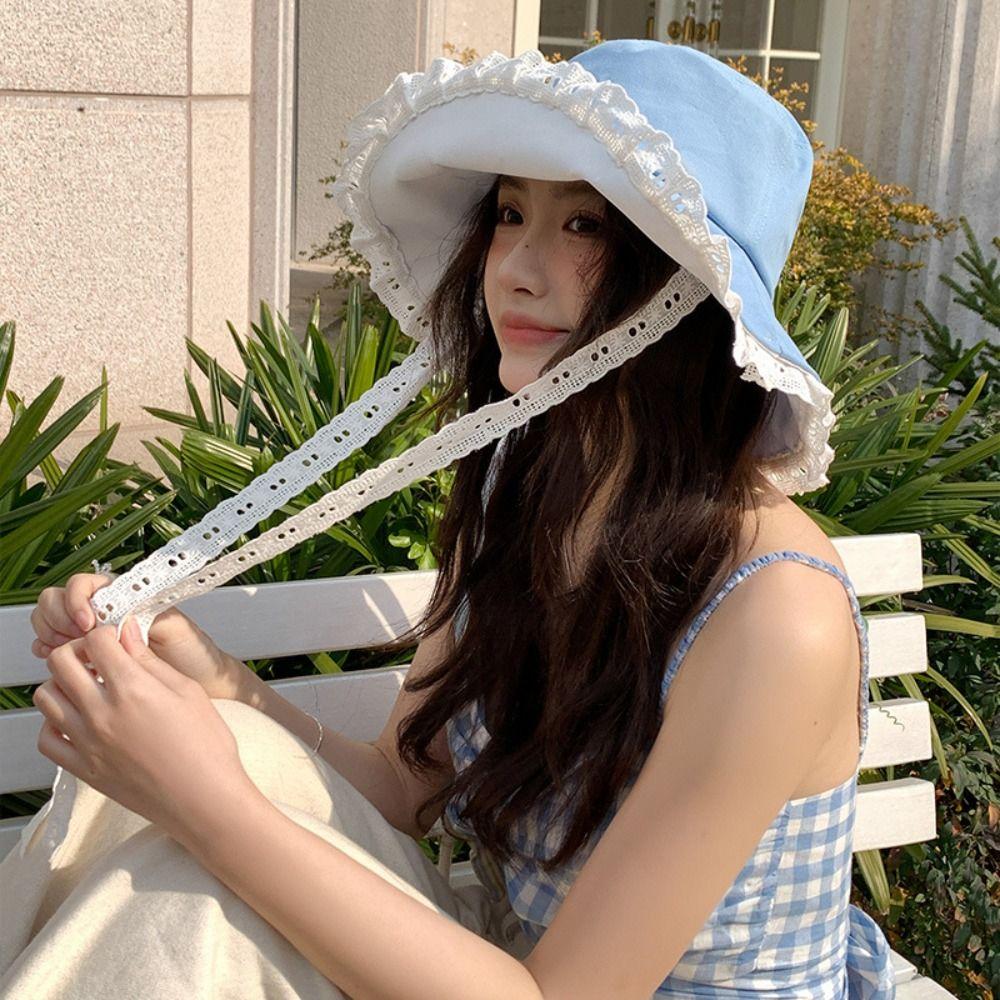 Sweet Cowboy Fisherman Hat Big Brim Women's Sun Hat Fashion Lace Ribbon Hat  Travel