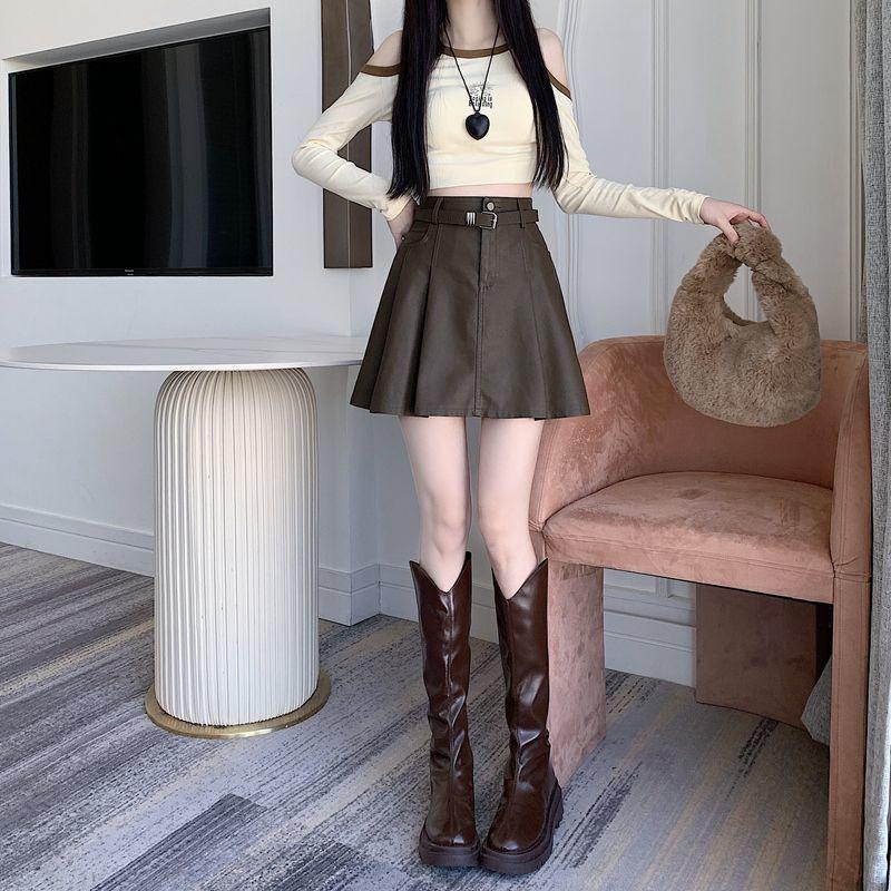 2025 A/W High-Waisted PU Leather Pleated Skirt with Belt – Versatile, Anti-Exposure, Slimming Short Skirt