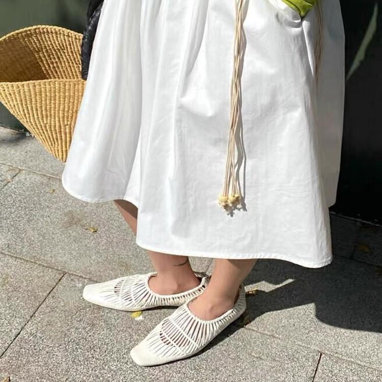 

New woven tassel hollow shallow mouth Mary Jane single shoes women s flat bottom square head loafers women s shoes 40 белый