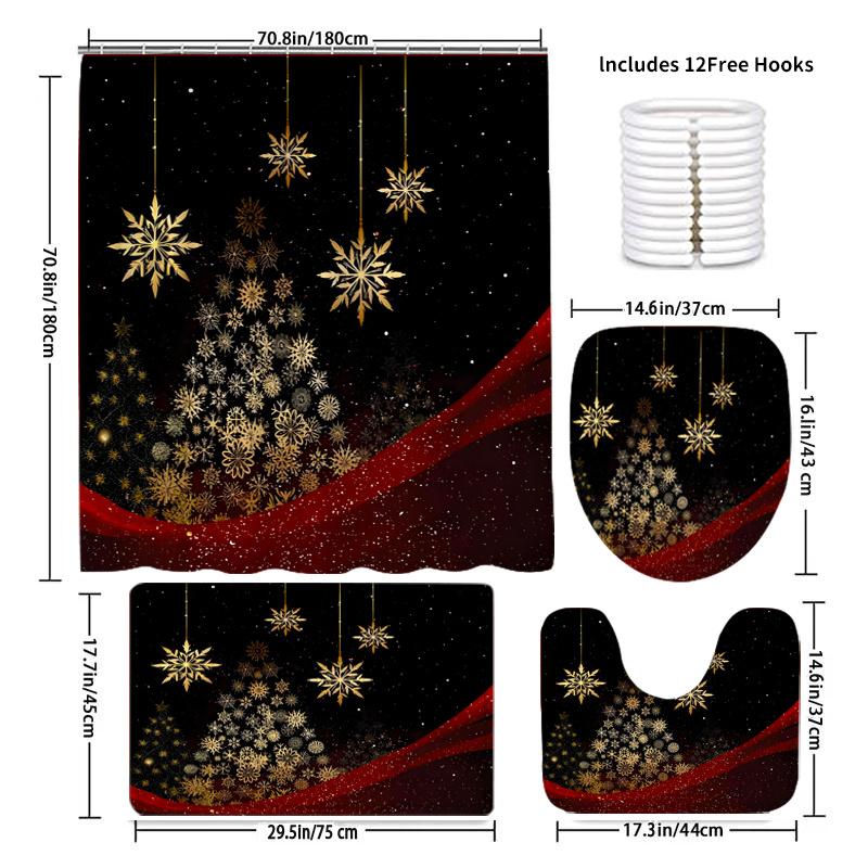 4Pcs Bathroom Shower Curtain Set Elegant Christmas Tree Pattern Bathroom Curtain With 12 Hooks Non Slip Rugs Toilet Cover Mat Bathroom Partition