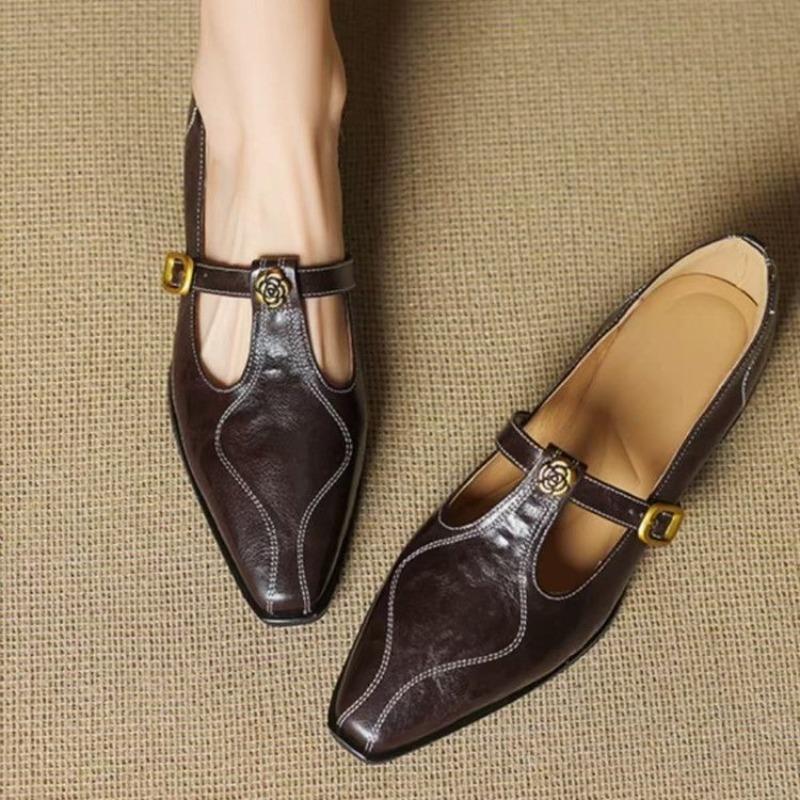 

New Fashion Ladies Black Leather Mary Jane Flats with Metal Rose T-Strap Casual Ballet Shoes Women s Comfort Flats Zapatos Mujer 40 темно-коричневого
